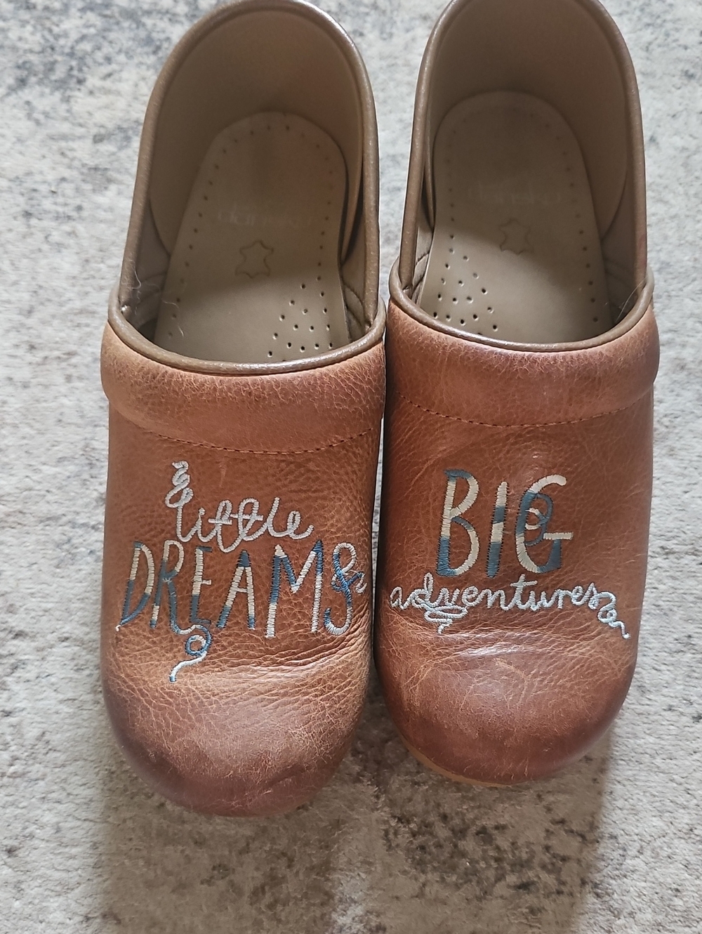 Dansko Brown Leather Clogs with Silver Script
